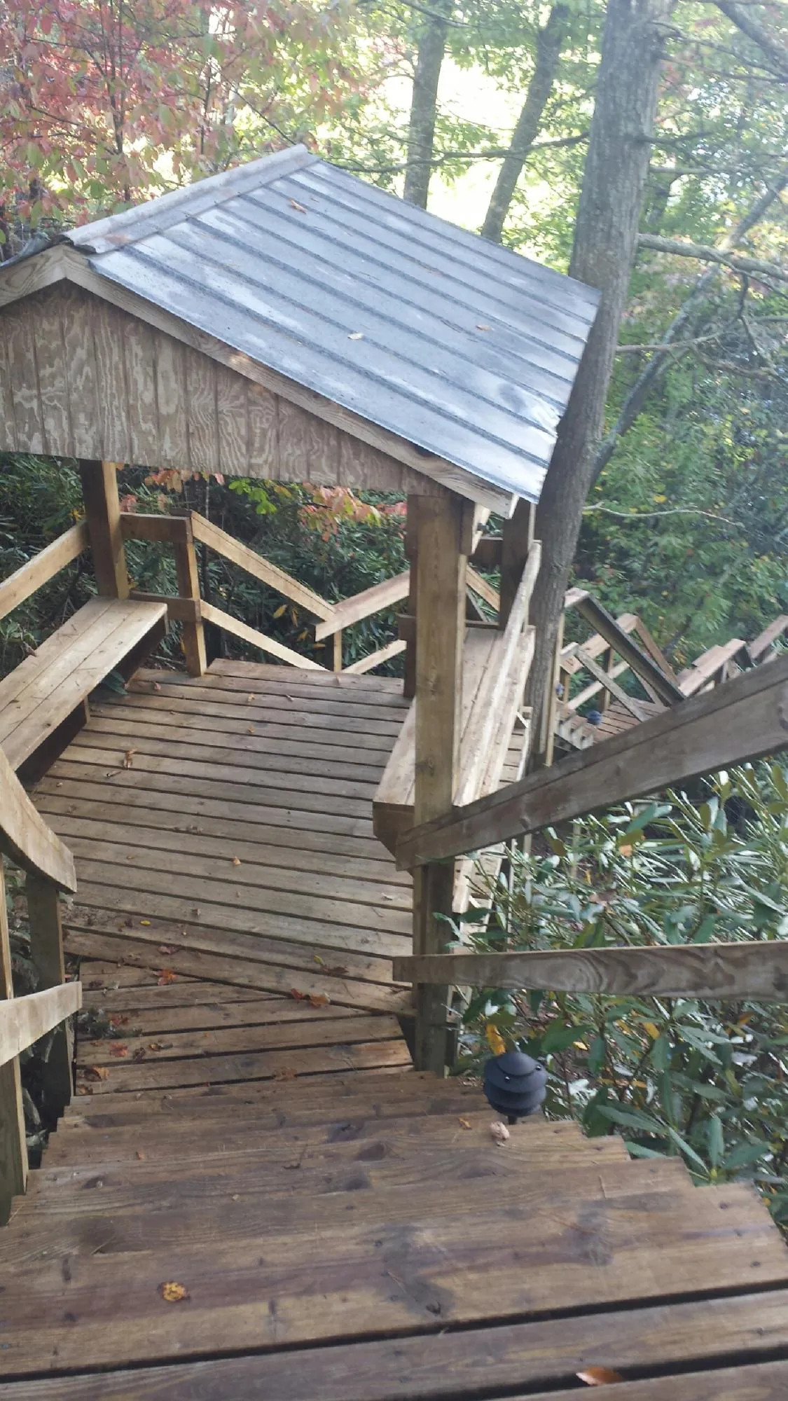 Metal roofed shelter over wooden steps on a wooded walkway — Skylight Repair & Installation work by our crew in Tyner
